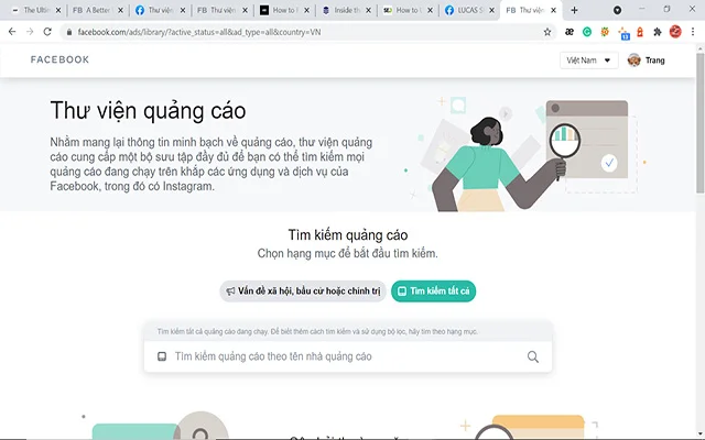 Thư viện quảng cáo Facebook cho phép người dùng tìm kiếm các chiến dịch quảng cáo thành công của đối thủ