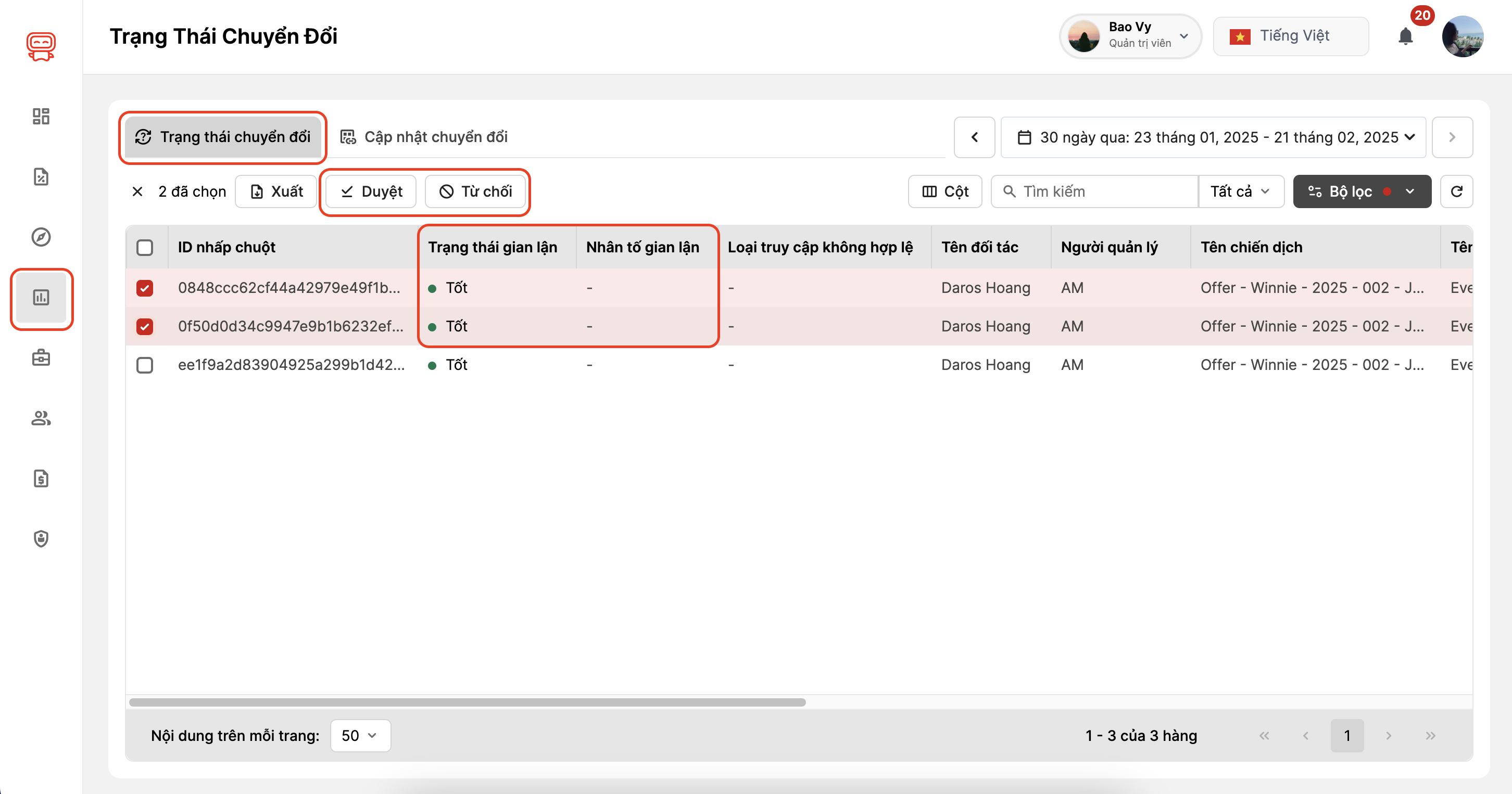 duyệt hoặc từ chối chuyển đổi